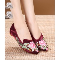 Purple Red Flats Velour Fabric Unique Embroideried Pointed Toe Flat Shoes