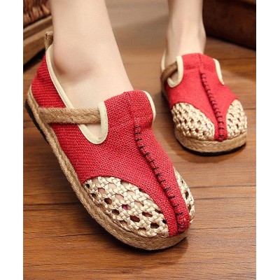 Red Flat Feet Shoes Linen Fabric Casual Hollow Out Flats